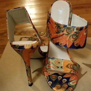Orange paisley print heeled sandals